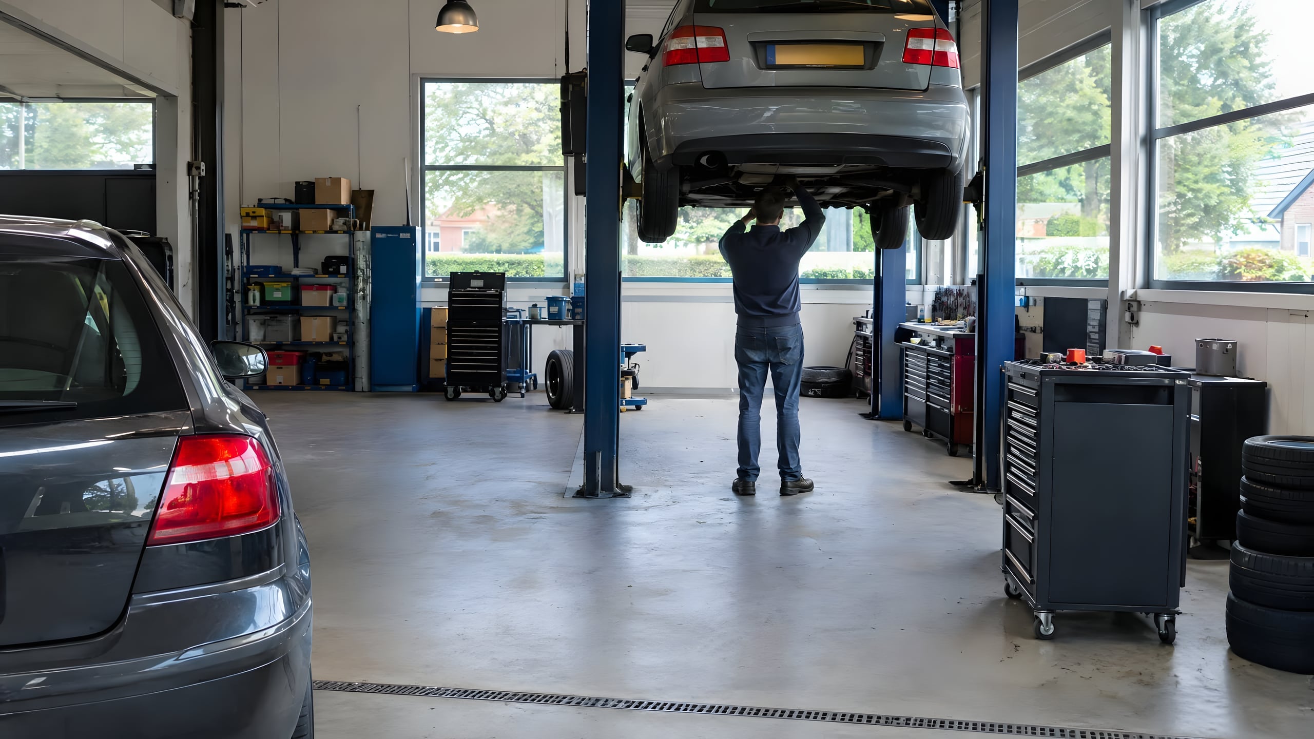 Werkplaats met een grijze auto op de brug, een monteur werkt aan de onderkant; links een geparkeerde auto, rechts gereedschapswagens en een stapel banden
